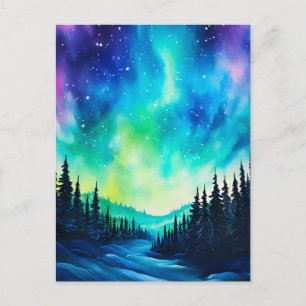 Aquarell Nordlichter aurora borealis  Postkarte