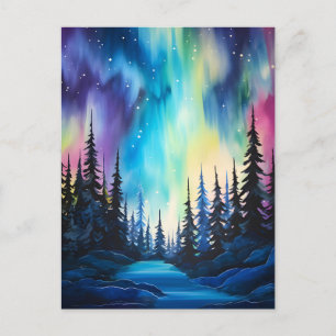 Aquarell Nordlichter aurora borealis  Postkarte