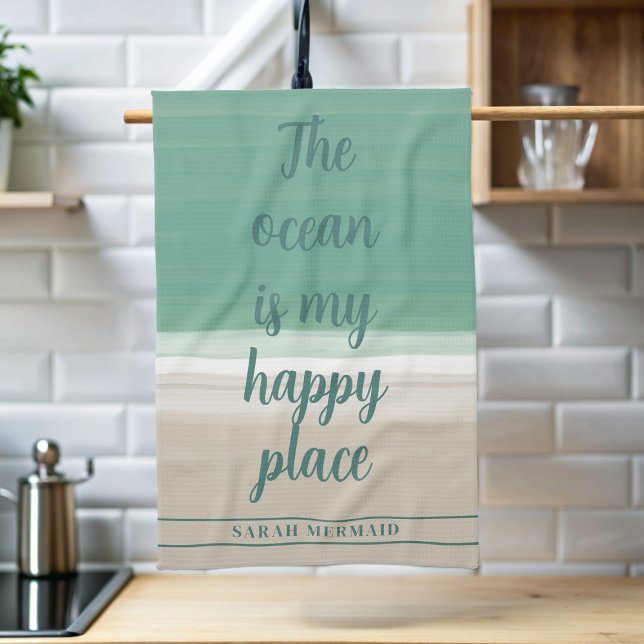 Aquarell Ocean Beach Yoga Studio Küchentuch (If the ocean is your happy place, add your name to this coastal kitchen towel)