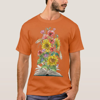 Aquarell offenes Buch mit Sonnenblumen und Mohnblu T-Shirt