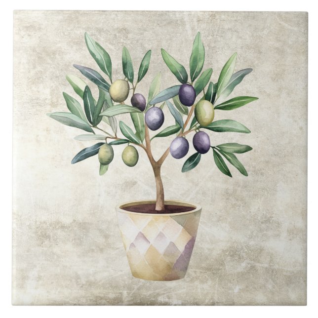 Aquarell-Olivenbaum-Tuscanische-Faux-Textur  Fliese (Vorderseite)
