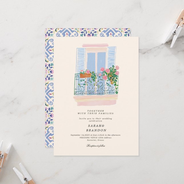 Aquarell Olivenblau Fliese Griechenland Hochzeit  Einladung (Vorderseite/Rückseite Beispiel)