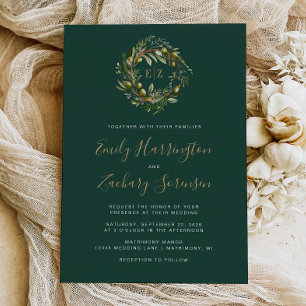 Aquarell-Olivenkranz Smaragdgrün Gold Hochzeit Einladung