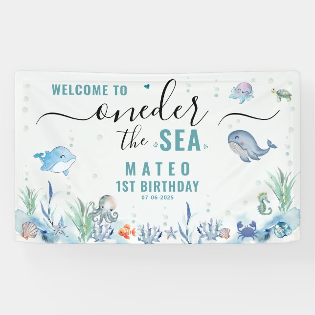 Aquarell One der Meer 1. Geburtstag Willkommen Banner (Horizontal)