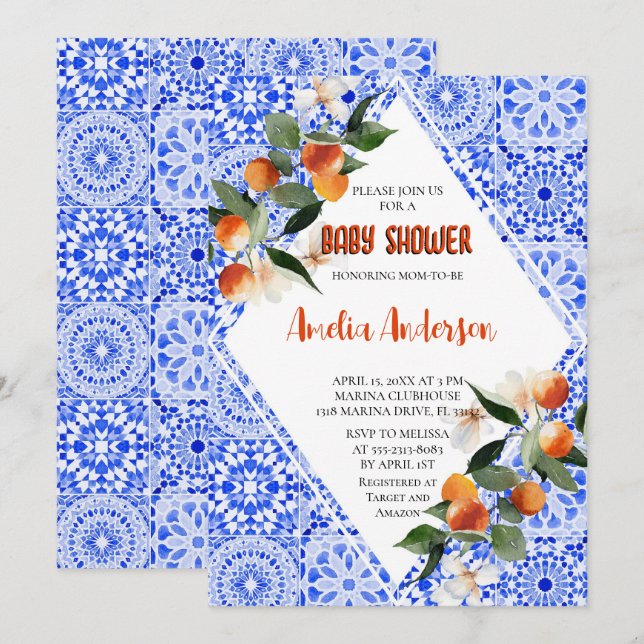 Aquarell Orange Citrus Mediterrane Babydusche Einladung (Vorne/Hinten)