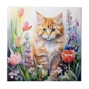Aquarell Orange Katze im Blumengarten Fliese