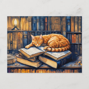 Aquarell Orange Katze schlafend auf Büchern Postkarte