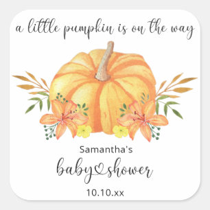 Aquarell orange Kürbis-Baby-Party Quadratischer Aufkleber