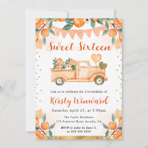 Aquarell Orange Lastwagen und Blumen Sweet Sixteen Einladung