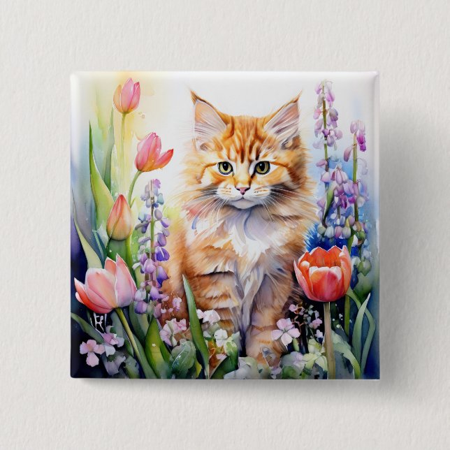 Aquarell Orange Tabby Kitty Cat Im Blumengarten Button (Vorderseite)