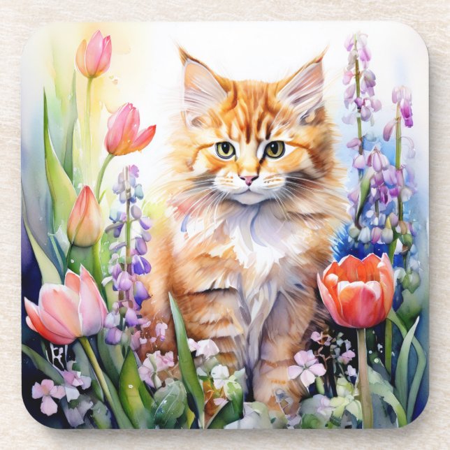 Aquarell Orange Tabby Kitty Cat Im Blumengarten Getränkeuntersetzer (Vorderseite)