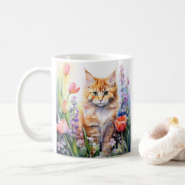 Aquarell Orange Tabby Kitty Cat Im Blumengarten Kaffeetasse (Mit Donut)