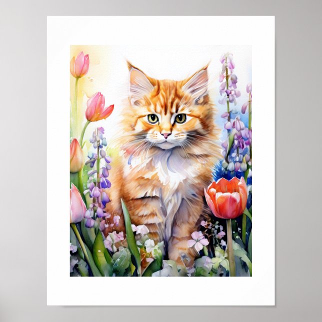 Aquarell Orange Tabby Kitty Cat Im Blumengarten Poster (Vorne)