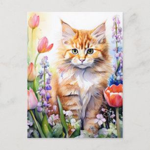 Aquarell Orange Tabby Kitty Cat Im Blumengarten Postkarte