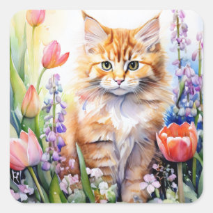 Aquarell Orange Tabby Kitty Cat Im Blumengarten Quadratischer Aufkleber