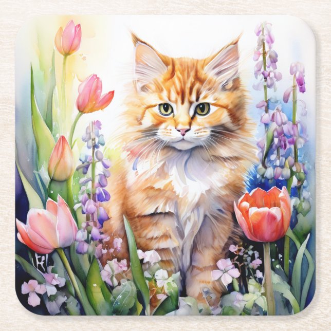 Aquarell Orange Tabby Kitty Cat Im Blumengarten Rechteckiger Pappuntersetzer (Vorderseite)