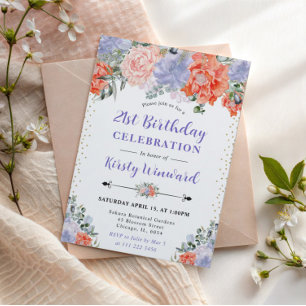 Aquarell Orange und Violette Blumen 21. Geburtstag Einladung