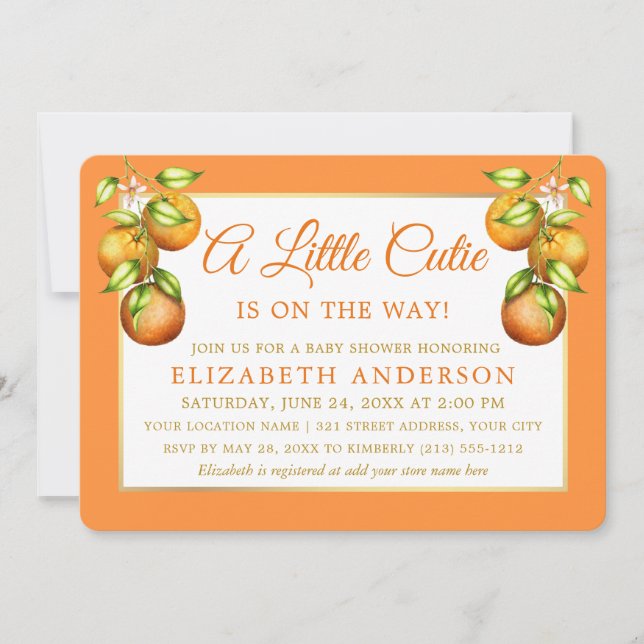 Aquarell Orangen Eine kleine Süsse Gold Baby Dusch Einladung (Vorderseite)