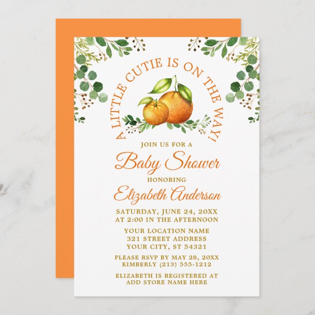 Aquarell Orangen Grünpflanzen Kleine Süsse Dusche Einladung (Vorne/Hinten)