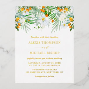 Aquarell-Orchideen und Kumquats Tropische Hochzeit Folie Einladungspostkarte