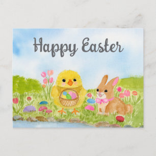Aquarell-Oster-Ei-Küken-Osterhase Postkarte