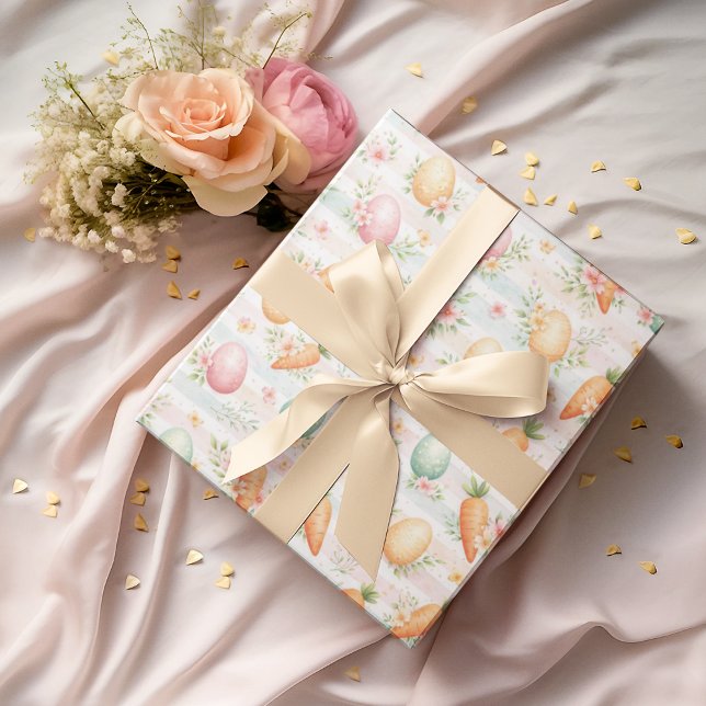 Aquarell-Oster-Eier, Karotten & Frühlingsblumen Geschenkpapier (Von Creator hochgeladen)