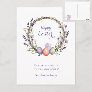 Aquarell-Oster-Lavendel-Kranz-Eier-Hübscher Hase Postkarte