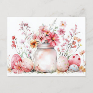 Aquarell Oster Postkarte mit Ostereiern und Blumen