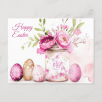 Aquarell Oster Postkarte mit Ostereiern und Blumen