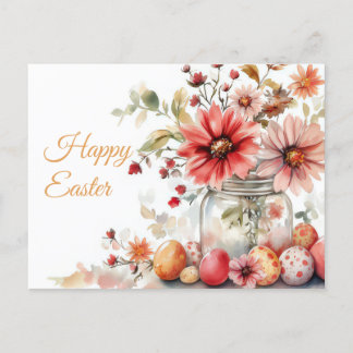 Aquarell Oster Postkarte mit Ostereiern und Blumen