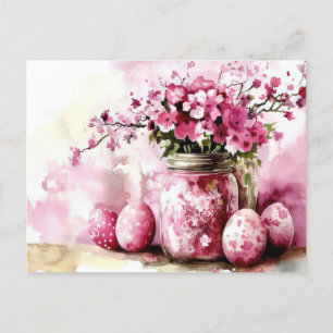 Aquarell Oster Postkarte mit Ostereiern und Blumen