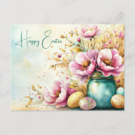 Aquarell Oster Postkarte mit Ostereiern und Blumen