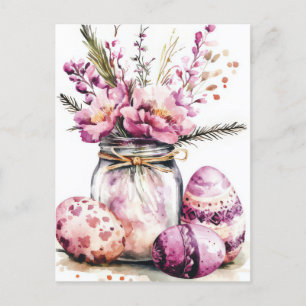 Aquarell Oster Postkarte mit Ostereiern und Blumen