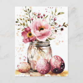 Aquarell Oster Postkarte mit Ostereiern und Blumen