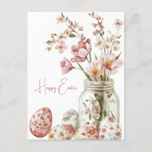 Aquarell Oster Postkarte mit Ostereiern und Blumen