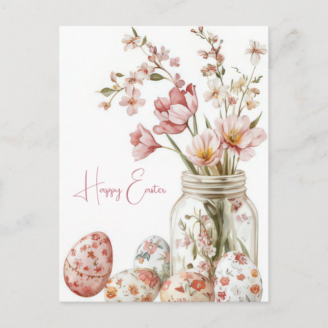 Aquarell Oster Postkarte mit Ostereiern und Blumen (Vorderseite)