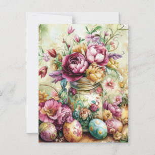 Aquarell Oster Postkarte mit Ostereiern und Blumen