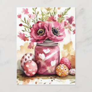 Aquarell Oster Postkarte mit Ostereiern und Blumen
