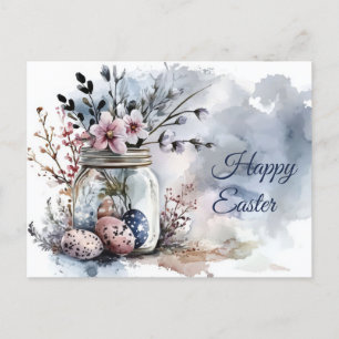 Aquarell Oster Postkarte mit Ostereiern und Blumen