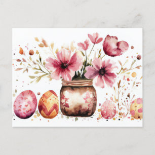 Aquarell Oster Postkarte mit Ostereiern und Blumen