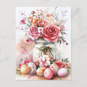 Aquarell Oster Postkarte mit Ostereiern und Blumen