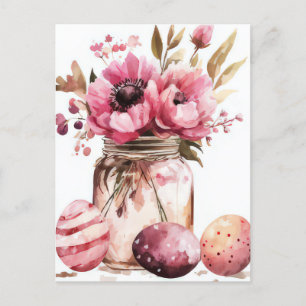 Aquarell Oster Postkarte mit Ostereiern und Blumen