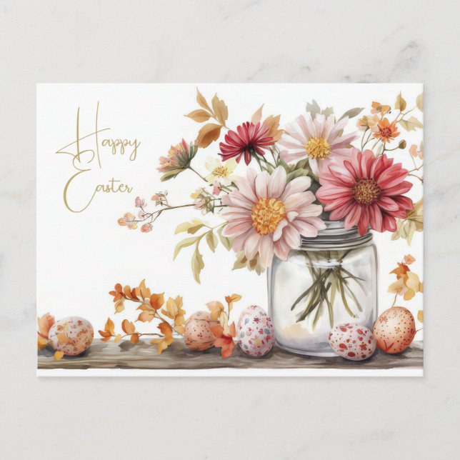 Aquarell Oster Postkarte mit Ostereiern und Blumen (Vorderseite)