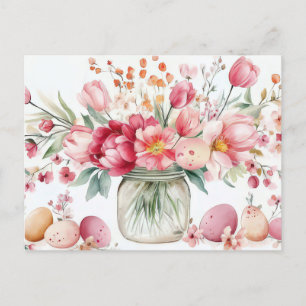 Aquarell Oster Postkarte mit Ostereiern und Blumen