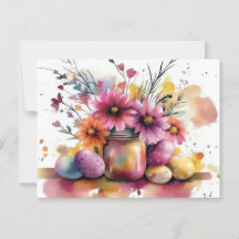Aquarell Oster Postkarte mit Ostereiern und Blumen