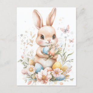 Aquarell Oster Postkarte mit Osterhase und Blumen