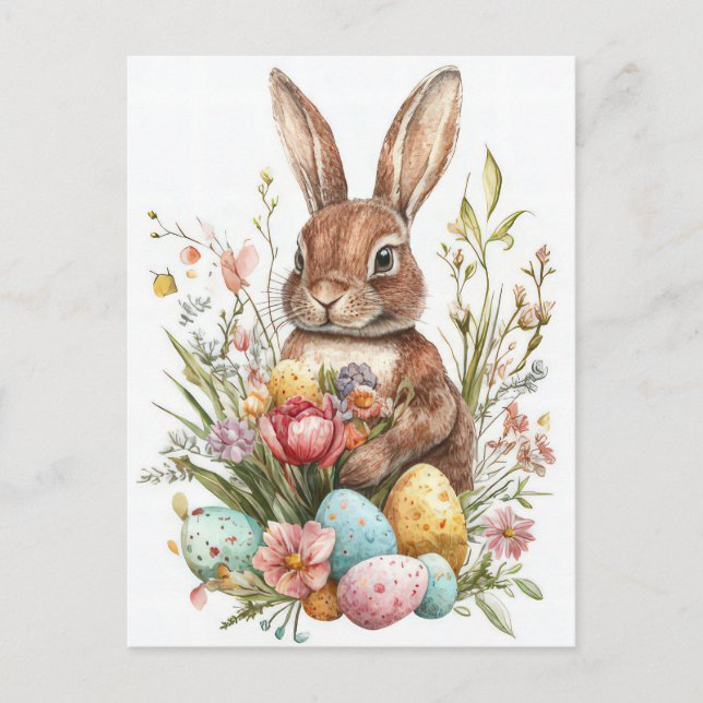 Aquarell Oster Postkarte mit Osterhase und Blumen (Vorderseite)