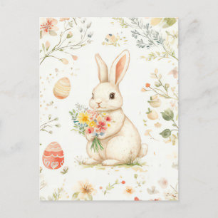 Aquarell Oster Postkarte mit Osterhase und Blumen