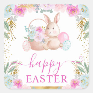 Aquarell-Osterhase und Blumen Quadratischer Aufkleber