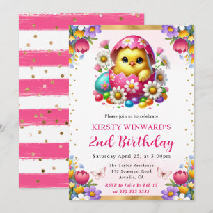 Aquarell-Osterküken-Frühlingsblumen-Geburtstag Einladung